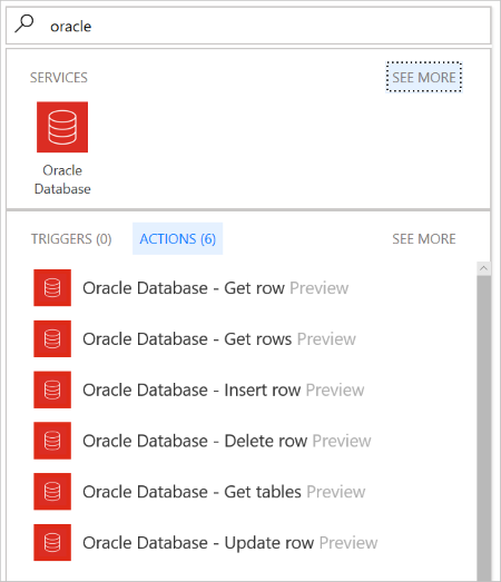 A search box contains "oracle". The search produces one hit labeled "Oracle Database". There is a tabbed page, one tab showing "TRIGGERS (0)", another showing "ACTIONS (6)". Six actions are listed. The first of these is "Get row Preview".