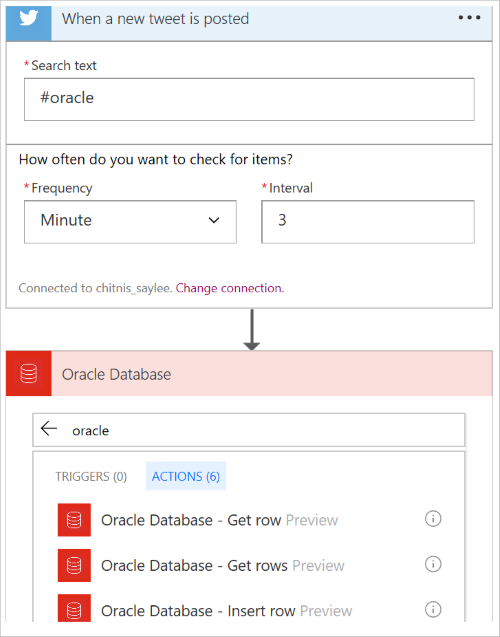 The "When a new tweet is posted" dialog box shows "hashtag oracle" as search text and lets you specify checking frequency. This dialog box leads to the "Oracle Database" dialog box that lets you select the action.