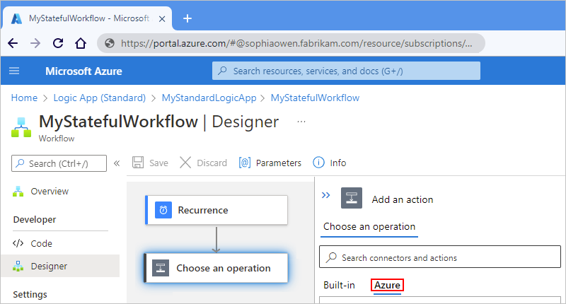 Screenshot showing the Azure portal, workflow designer for Standard logic app, and designer search box with "Azure" selected underneath.