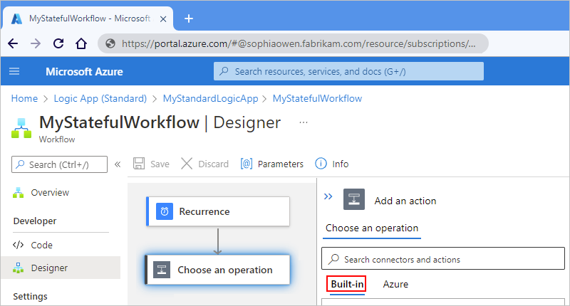 Screenshot showing the Azure portal, workflow designer for Standard logic app, and designer search box with "Built-in" selected underneath.