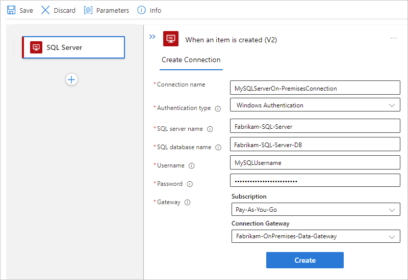 Screenshot shows Azure portal, Standard workflow, and SQL Server on-premises connection information with selected authentication.