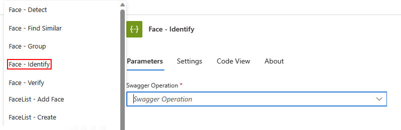 Screenshot shows Standard workflow, Face - Identify action, and list with Swagger operations.