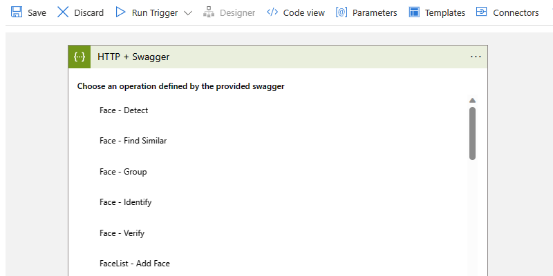 Screenshot shows Consumption workflow, H T T P + Swagger trigger, and list with Swagger operations.