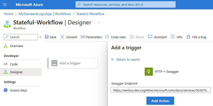 Screenshot shows Standard workflow designer with trigger named httpswaggeraction. The Swagger Endpoint property is set to a URL value.