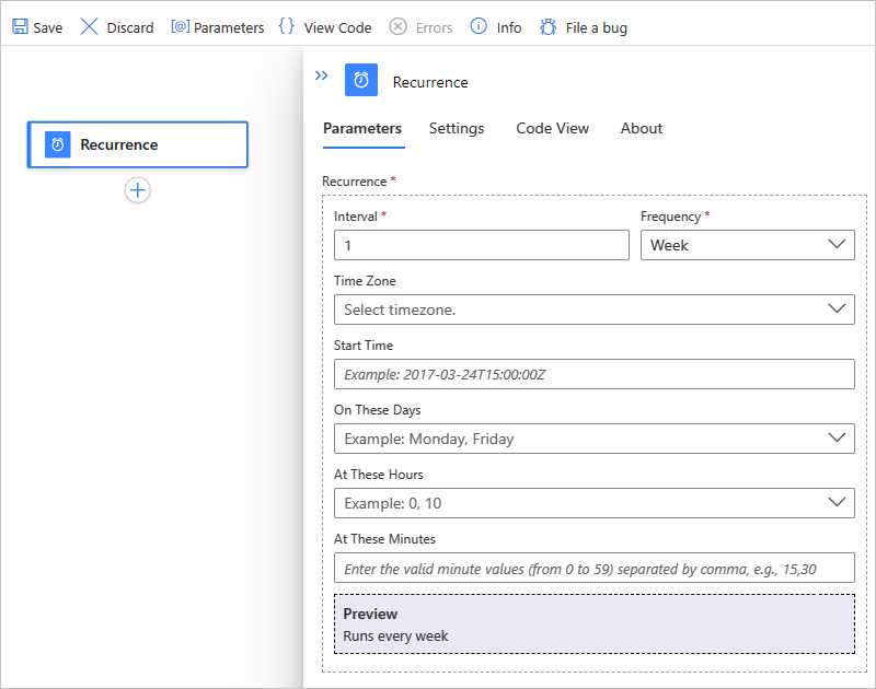 Screenshot for Standard workflow designer and "Recurrence" trigger with advanced scheduling options.