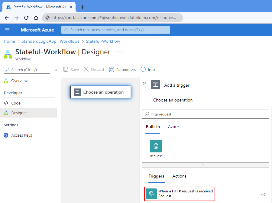 Screenshot showing Azure portal, Standard workflow designer, search box with "http request" entered, and "When a HTTP request" trigger selected.