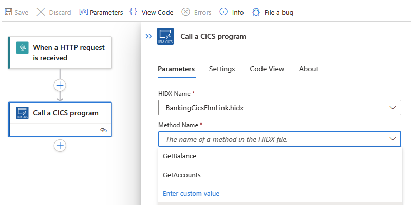 Screenshot shows CICS action with selected HIDX file and method.