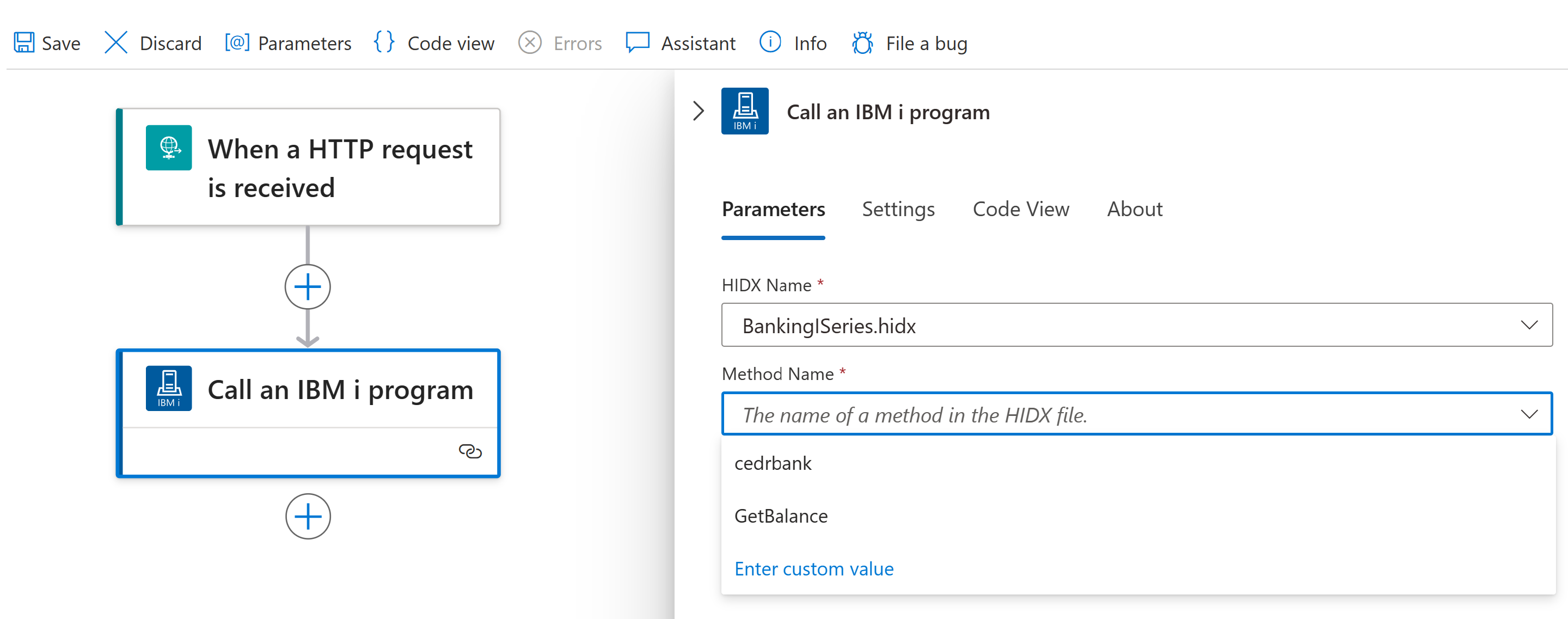Screenshot shows IBM i action with selected HIDX file and method.