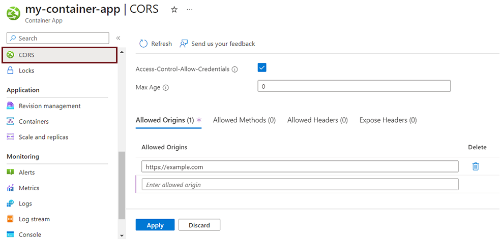 Screenshot showing how to enable CORS in the Azure portal.