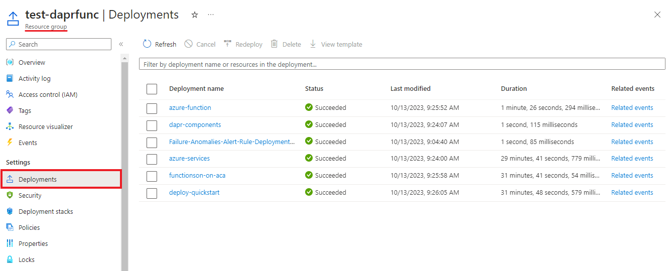 Screenshot showing the deployment group deployment status in the Azure portal.