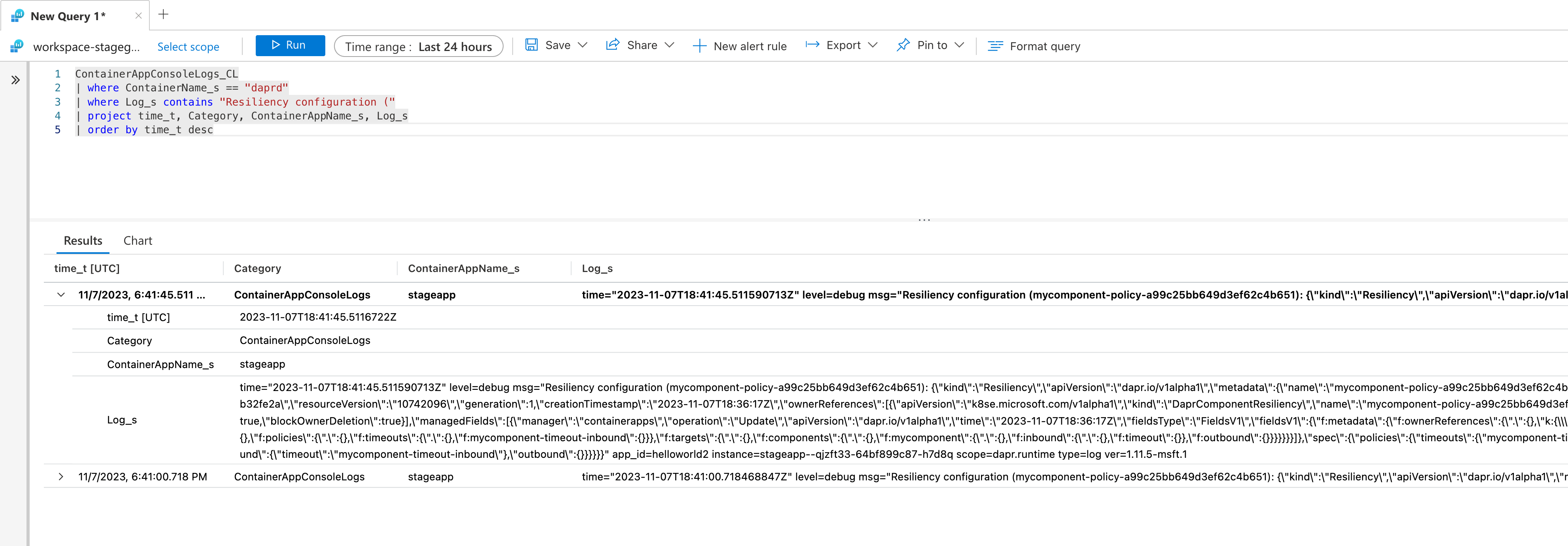 Screenshot showing resiliency query results based on provided query example for finding the actual resiliency policy.