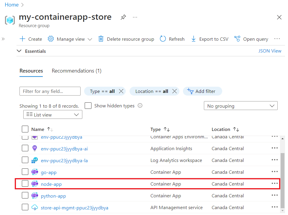 Screenshot of the node app container app in the resource group list of resources.