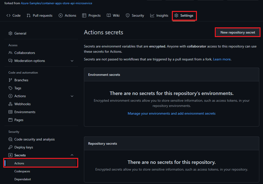 Screenshot of selecting settings, then actions from under secrets in the menu, then the new repository secret button.