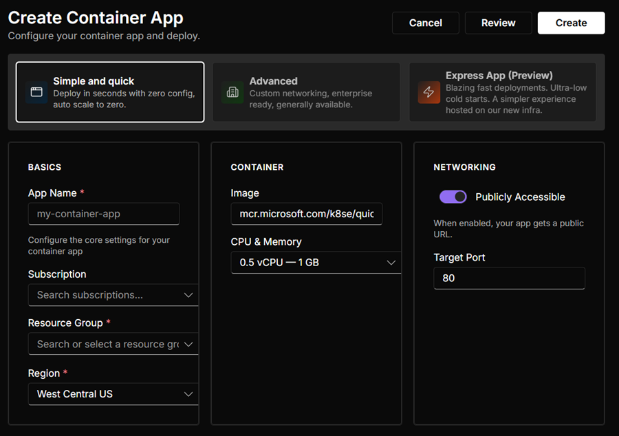 Screenshot of Azure Container Apps express create experience.