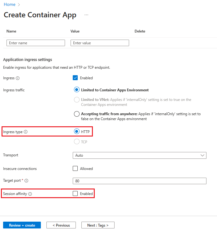 Screenshot of the session affinity setting in Create Container App page.