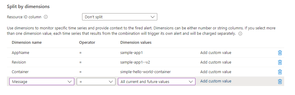 Screenshot of the Create an alert rule Split by dimensions section