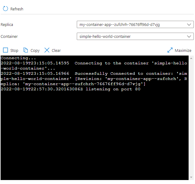 Screenshot of Azure Container Apps Log stream page.
