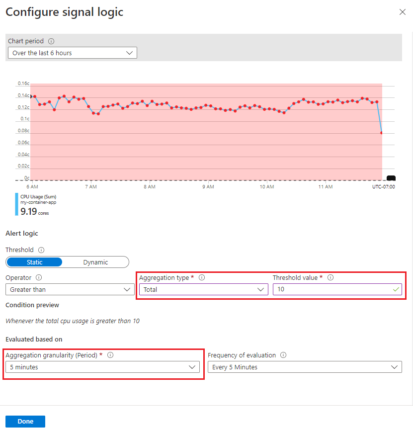 Screenshot of the configure alert signal logic in Azure Container Apps.