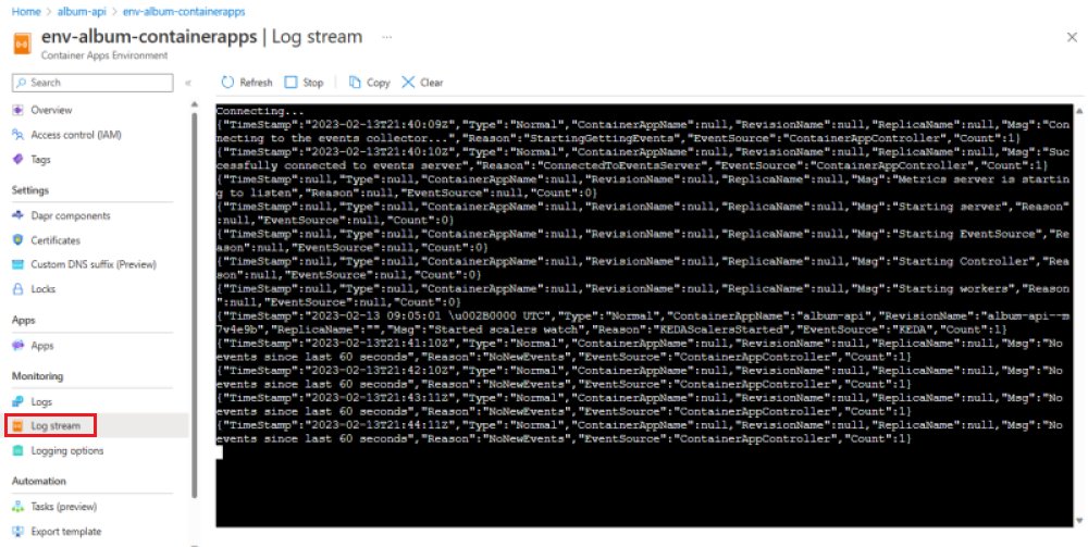 Screenshot of Container Apps environment system log stream page.