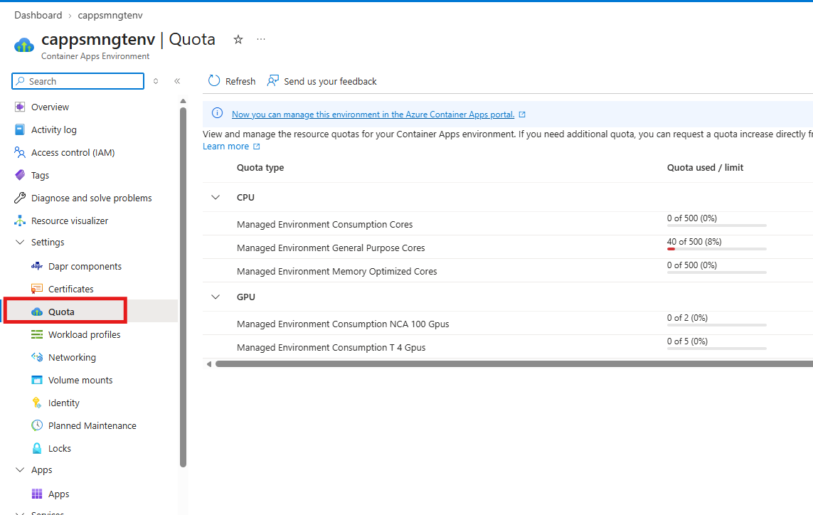 Screenshot of the Quota page for a Container Apps environment, showing CPU and GPU quota types.