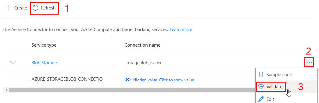 Screenshot of the Azure portal, viewing connection validation details.