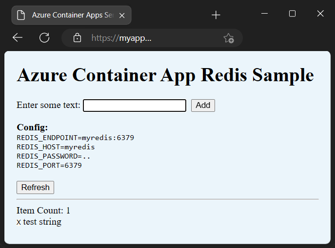 Screenshot of container app running a Redis cache service.