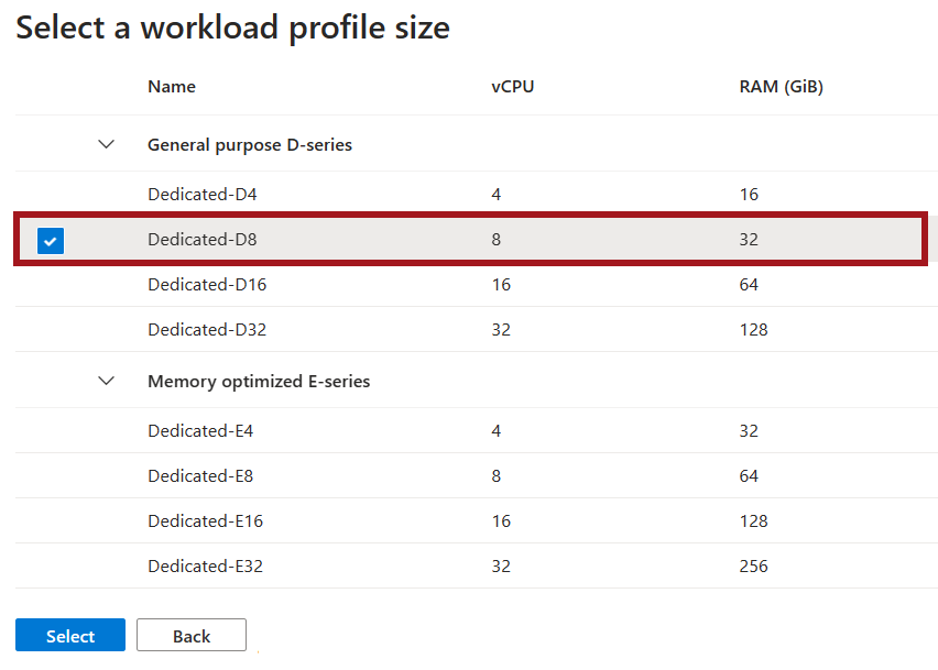 Screenshot of the window to select a workload profile size.