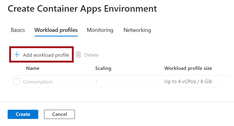 Screenshot of the window to add a workload profile to the container apps environment.