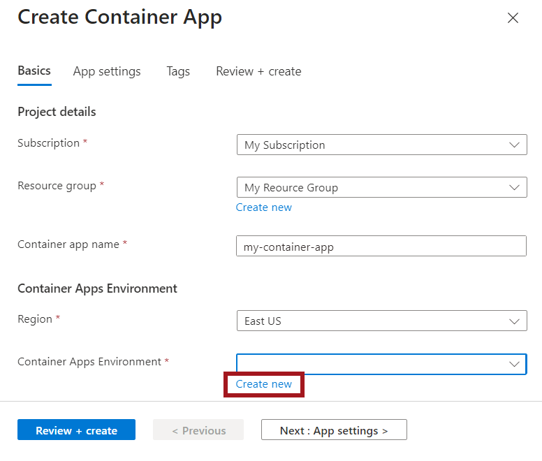 Screenshot of the create a container apps environment window.