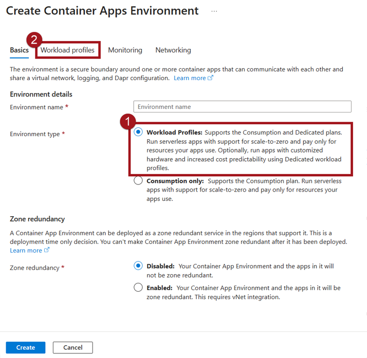 Screenshot of create an Azure Container Apps workload profiles environment window.