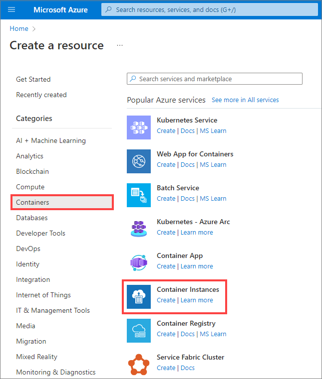 Screenshot showing how to select a new container instance that you want to create in the Azure portal.