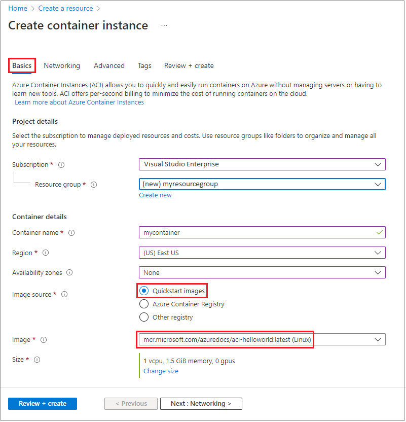 Configuring basic settings for a new container instance in the Azure portal