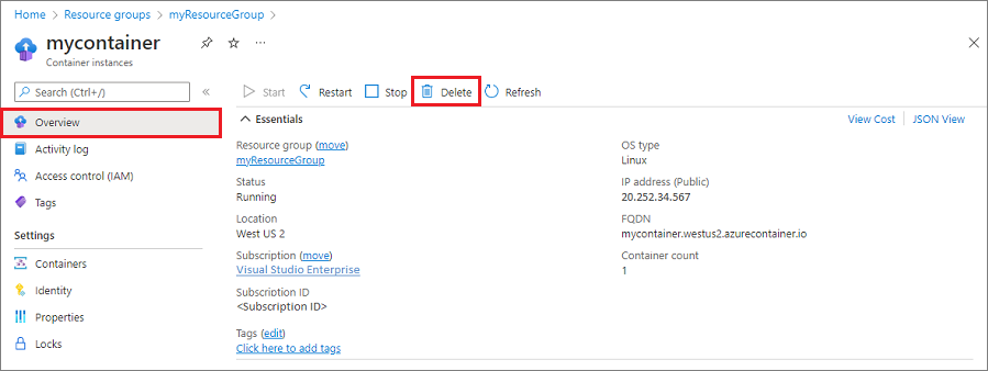 Deleting the container instance in the Azure portal]