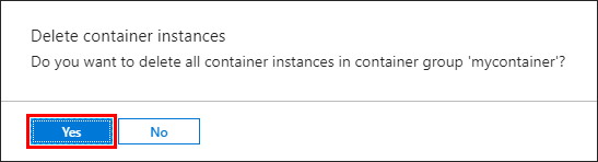 Delete confirmation of a container instance in the Azure portal]