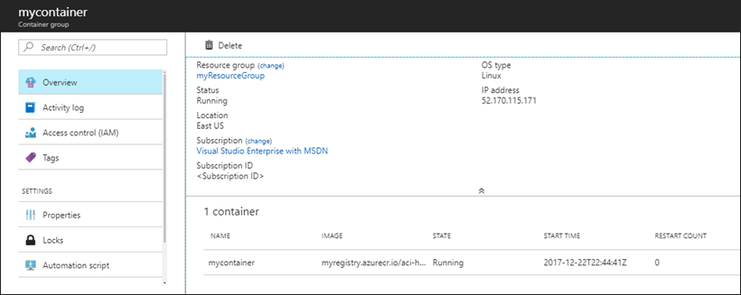 Details view for Azure Container Instances container group