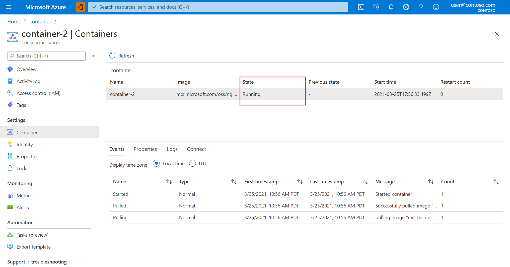 The Containers blade in the Azure portal is shown. A table is shown, and 'Running' under the 'State' column is highlighted. 