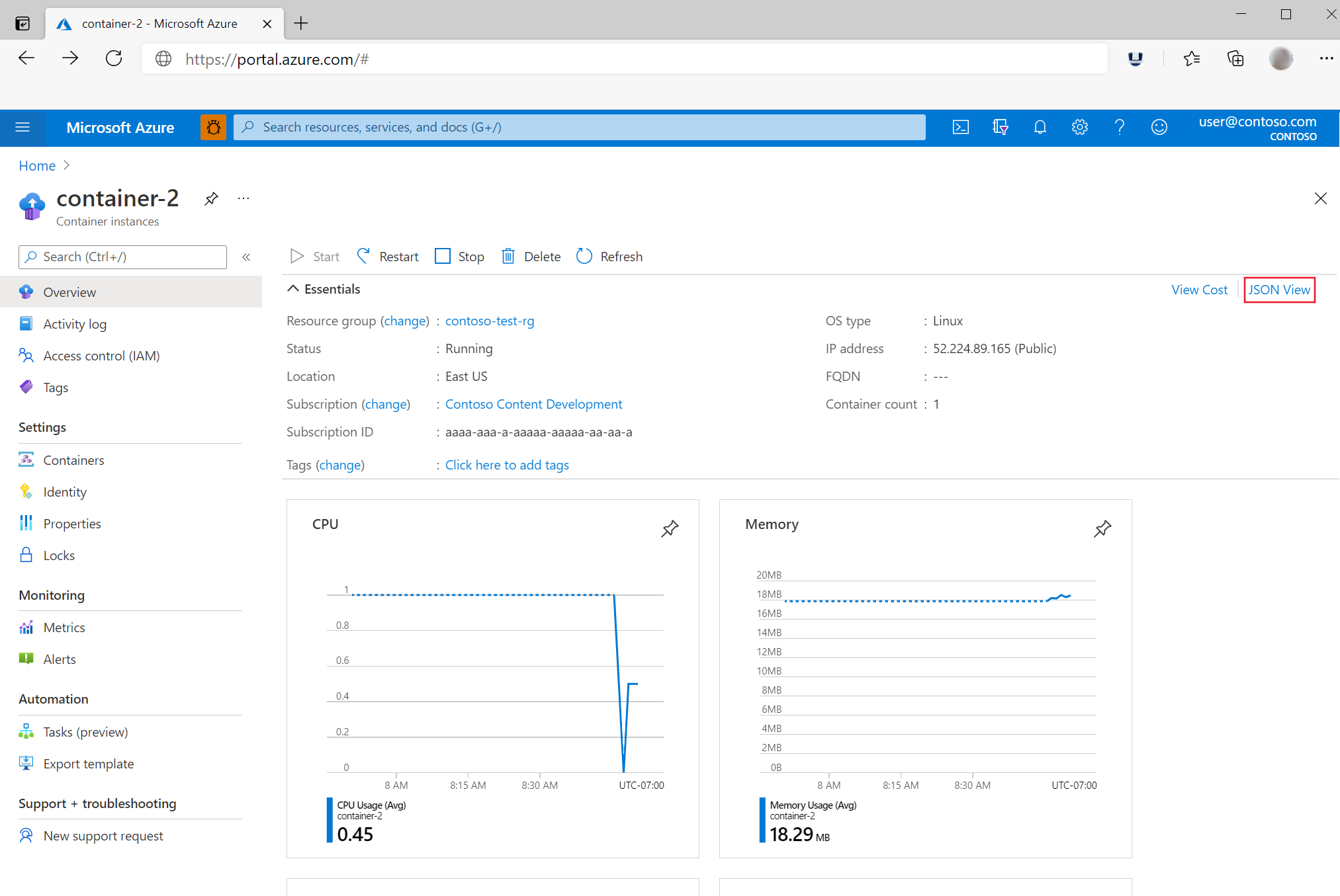 The Overview blade in the Azure portal is shown. The link 'JSON view' is highlighted.