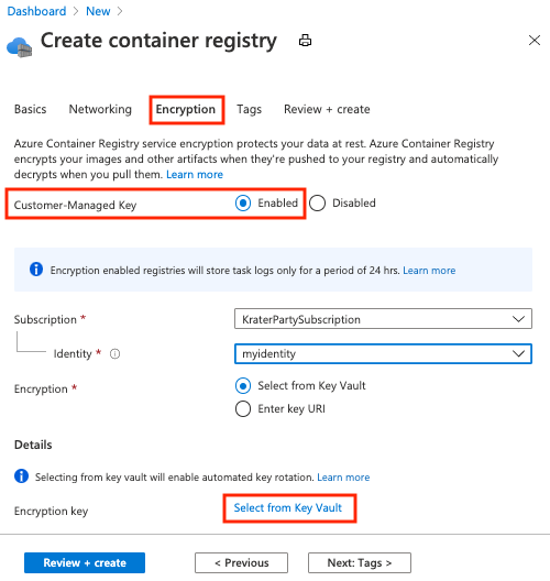 Screenshot that shows options for creating an encrypted registry in the Azure portal.