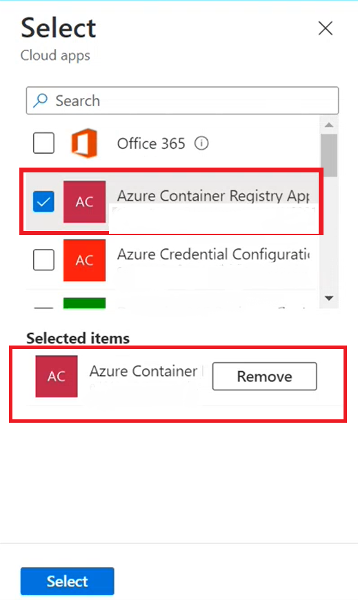 A screenshot of the list of apps, with results filtered, and 'Azure Container Registry' selected.