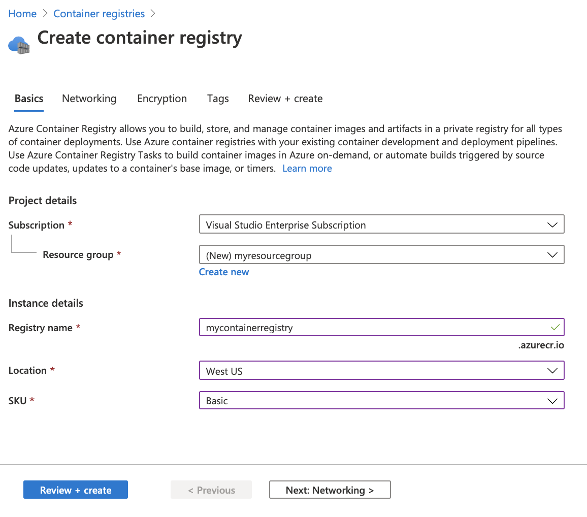 Create container registry in the portal