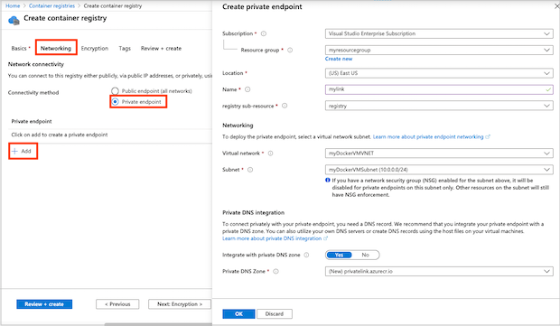 Create registry with private endpoint