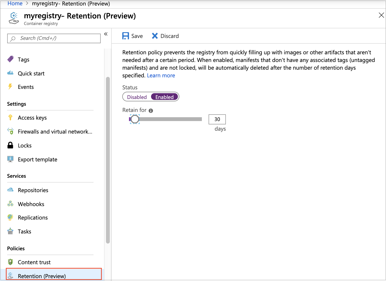 Enable a retention policy in Azure portal