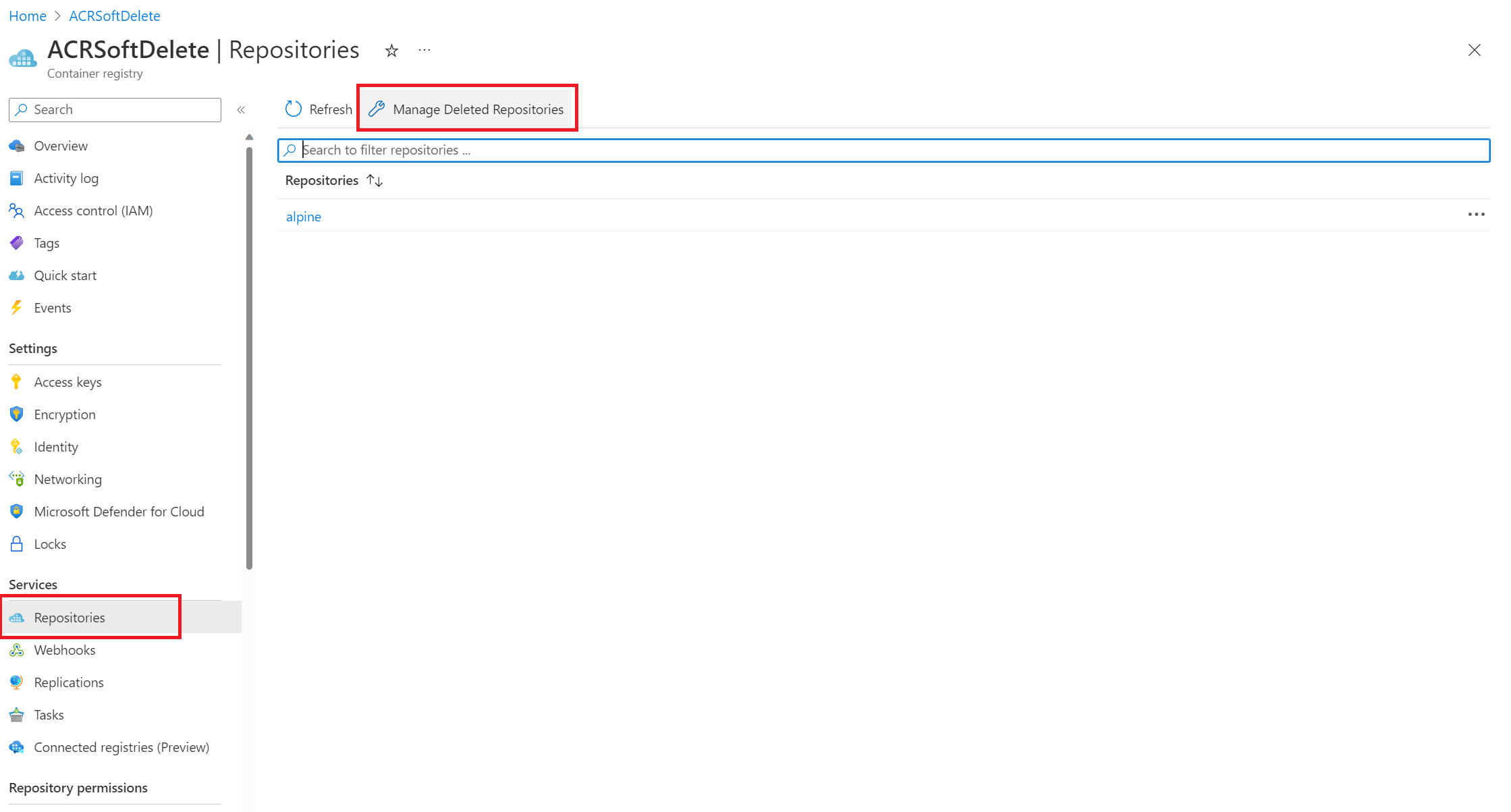 Screenshot of manage delete repositories.