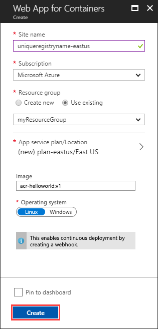 Screenshot shows the Web App for Containers Create window with the Create button highlighted.