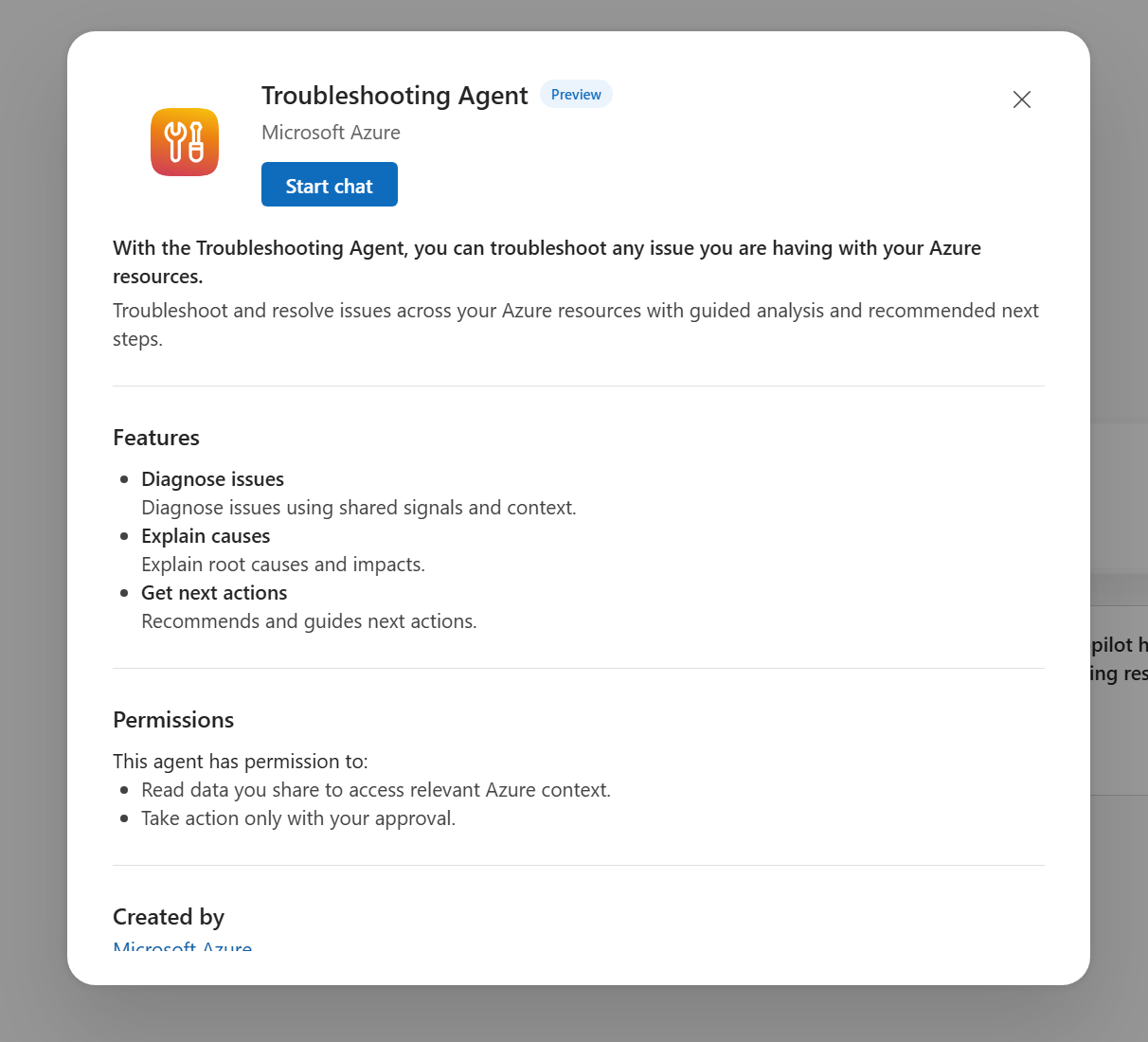 Screenshot of the Azure Copilot troubleshooting agent.