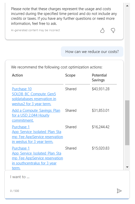 Screenshot showing Microsoft Copilot for Azure (preview) providing a list of recommendations to reduce costs.