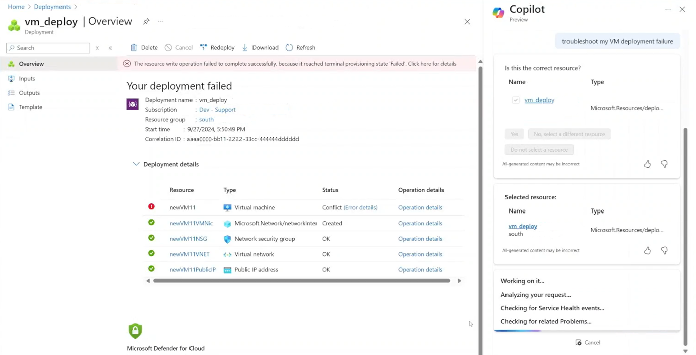 Screenshot of Microsoft Copilot for Azure responding to a request to troubleshoot VM deployment failure.