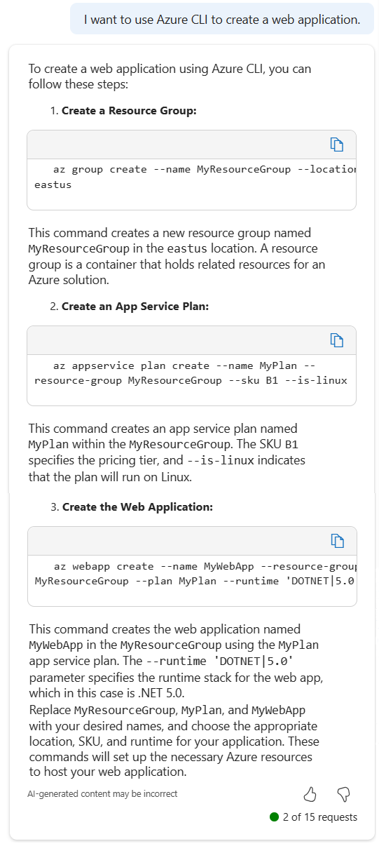 Screenshot of Microsoft Copilot for Azure (preview) providing Azure CLI commands to create a web app.
