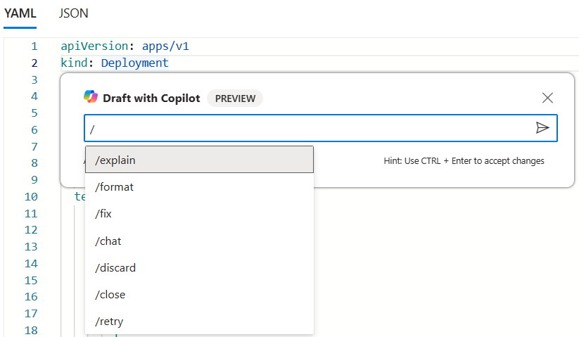 Screenshot showing the commands available in the inline Microsoft Copilot for Azure control in an AKS YAML file.