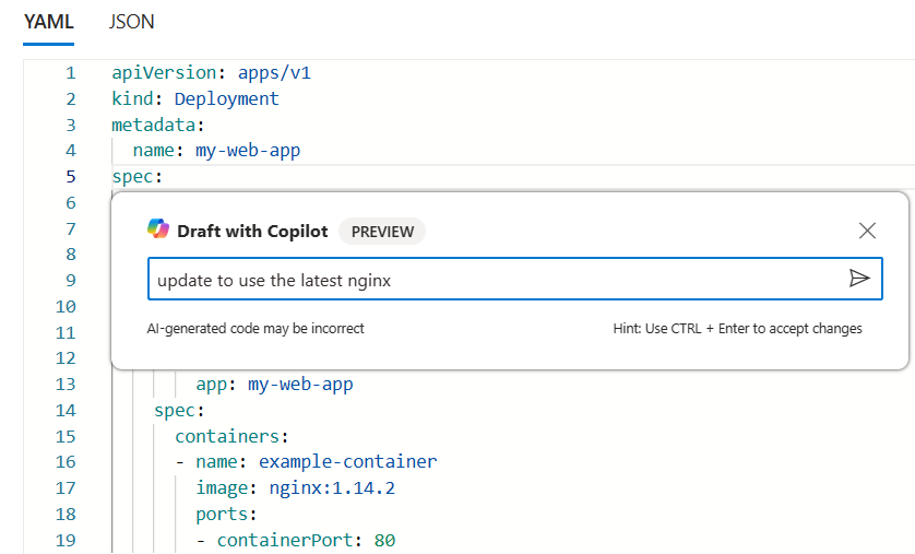 Screenshot of a request for Microsoft Copilot for Azure to update an AKS YAML file. 